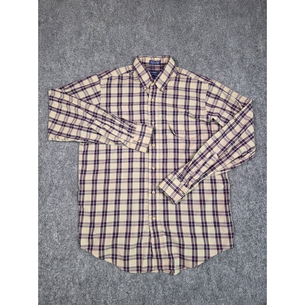 VIntage Gant Button Down Shirt Mens Medium Tan Plaid Fox Hunt Long Sleeve